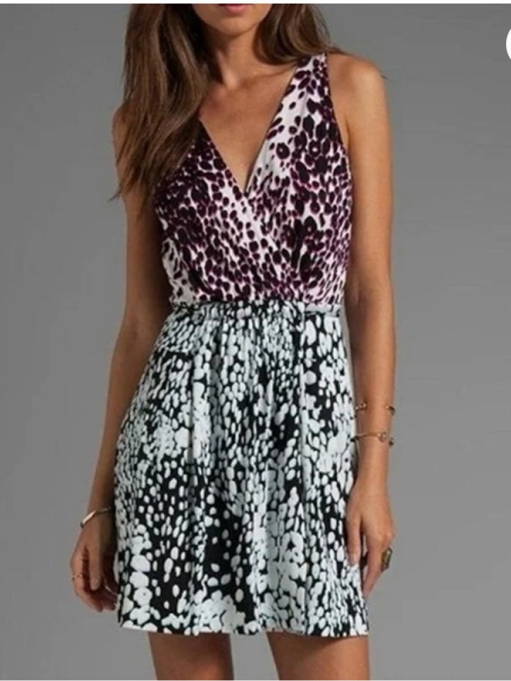 Diane von Furstenberg 100% Silk Faux Wrap Sleeveless Dress, Animal Print, Size 8